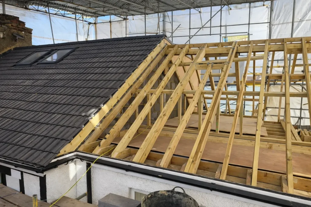 Timber roof frame installed above an extension during structural works in Woodford, IG8