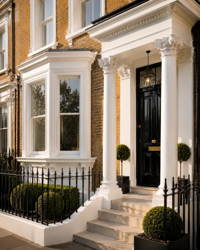 Restored London period house exterior with repaired brickwork, white masonry details and clean front elevation