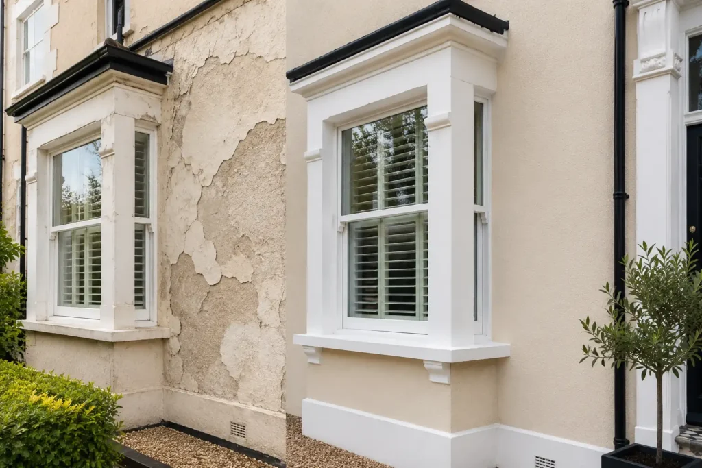 Render repair in London showing cracked exterior render restored to a clean smooth house finish