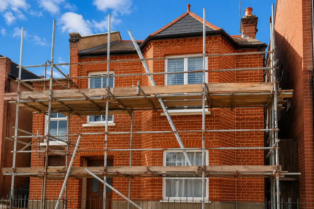 House exterior renovation in London with scaffolding, red brickwork and roof restoration by AJ Contractors Builder