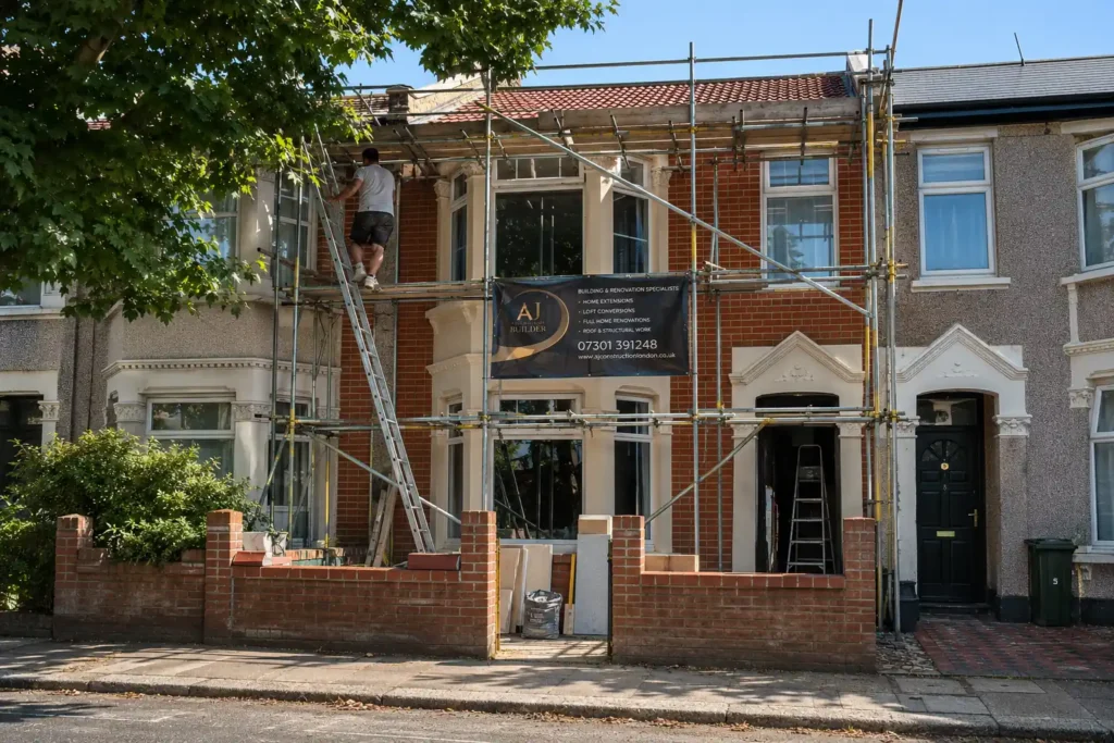 Terraced house renovation in London with scaffolding, exterior restoration and AJ Contractors Builder site banner